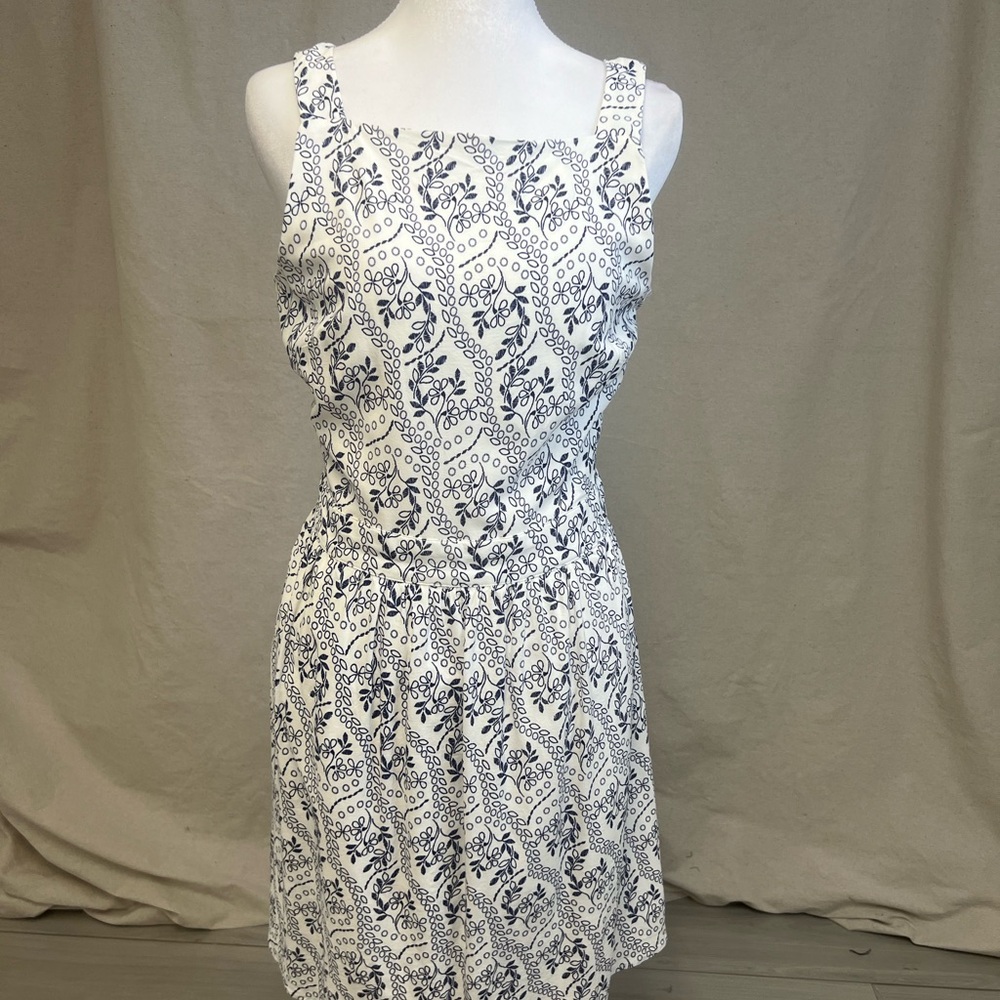 LOFT White Navy Botanical Floral Mini Dress Sleeveless Square Neck Feminine Sz 8
